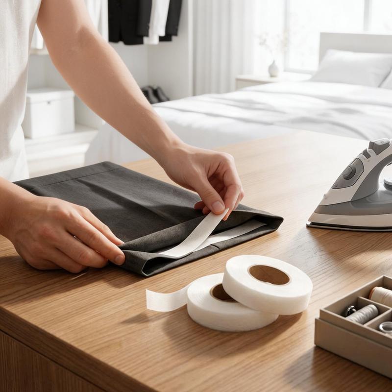 White fusible hemming tape roll beside a folded black garment hem