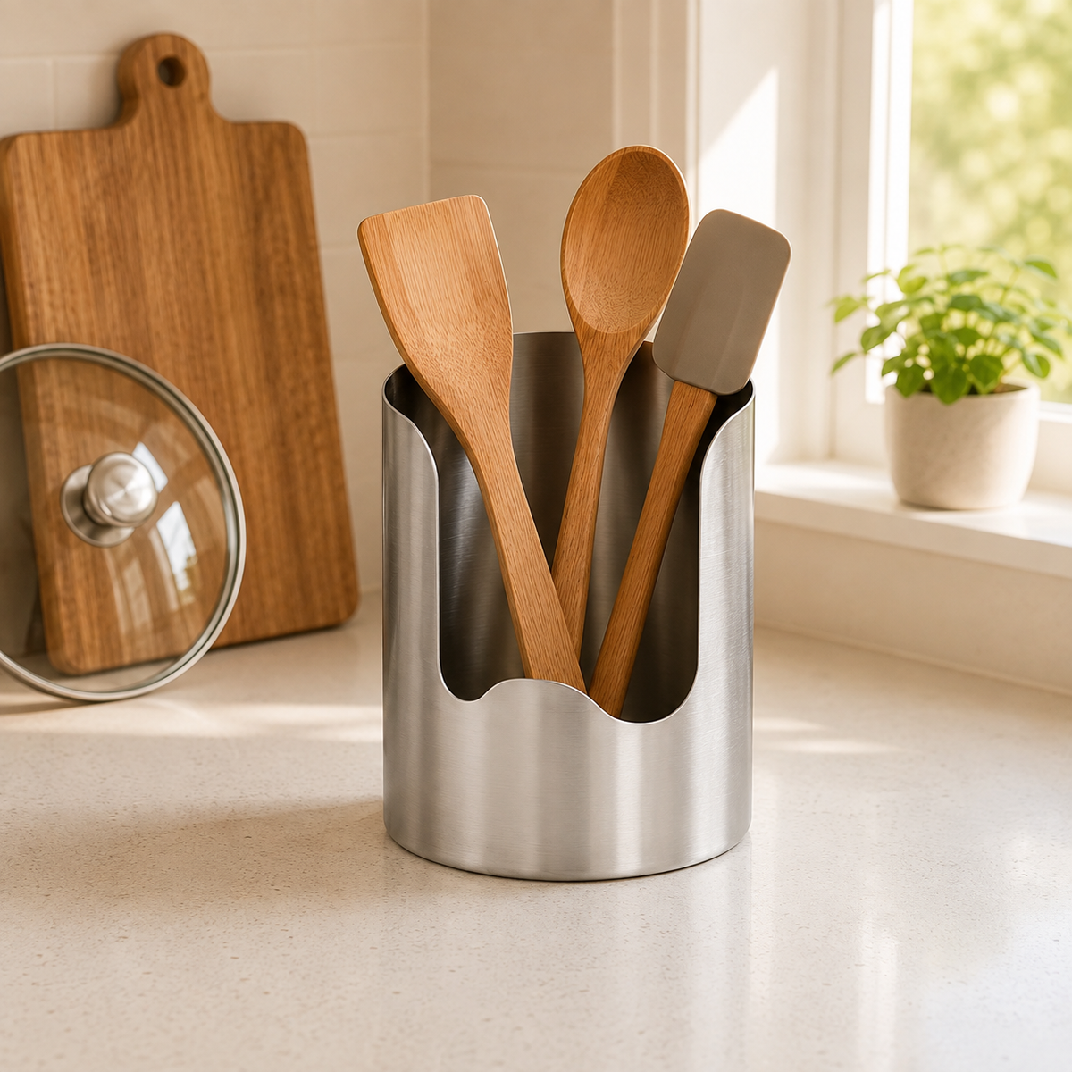 Stainless utensil organizer with lid and wooden utensils