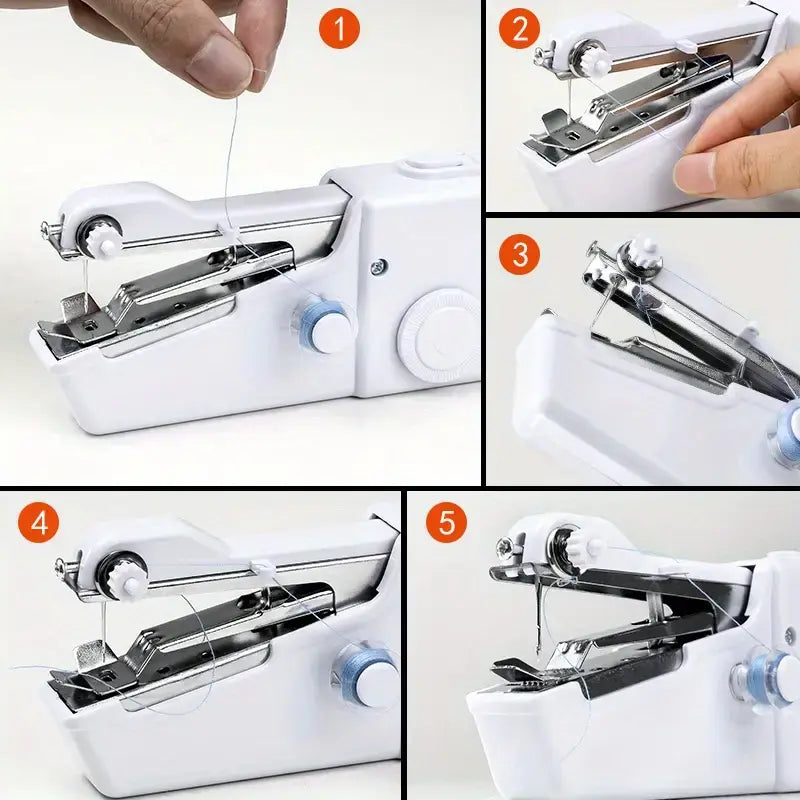 White handheld sewing machine shown in a setup sequence