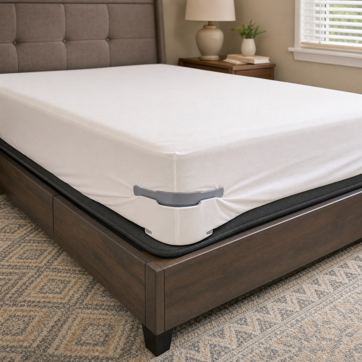 Four bed sheet clips arranged for mattress corner placement
