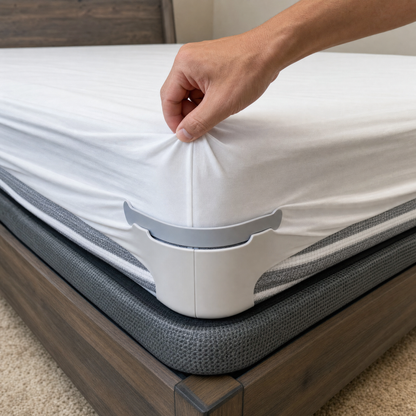 Bed sheet fastener installed close-up