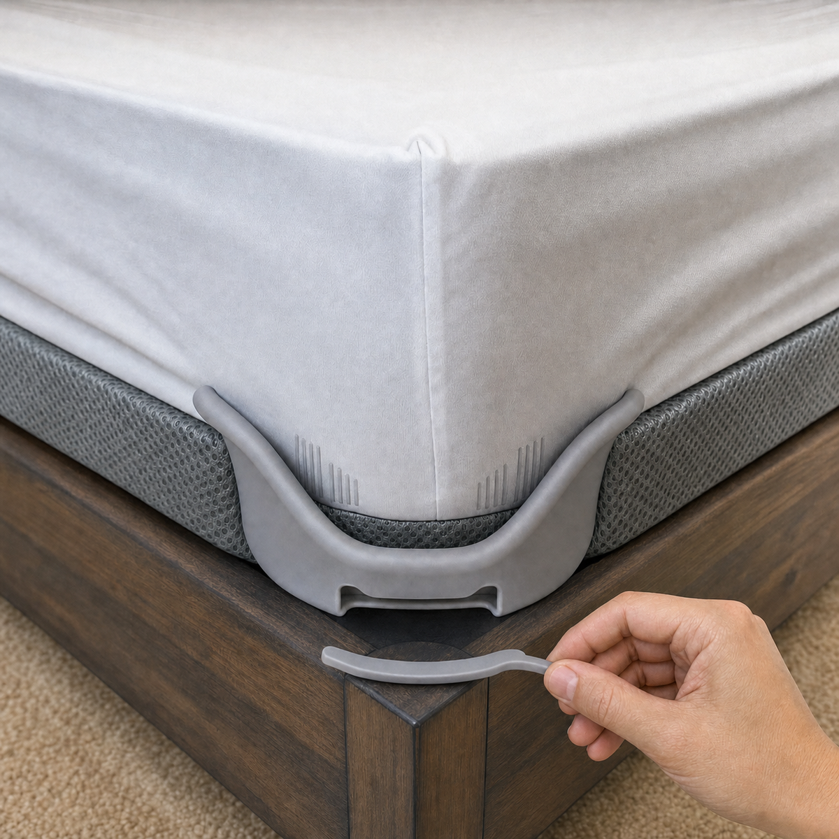 Bed sheet clip positioned beneath a mattress corner