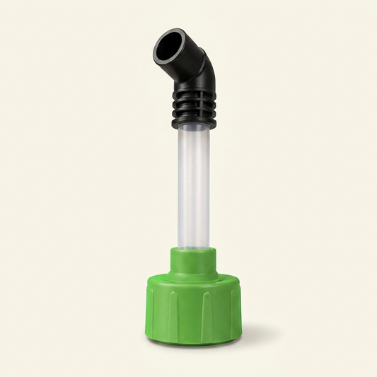 AC drain line cleaner adapter with green stepped base, clear tube, and black elbow fitting