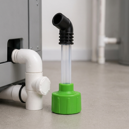 AC drain line cleaner adapter shown beside a generic drain assembly