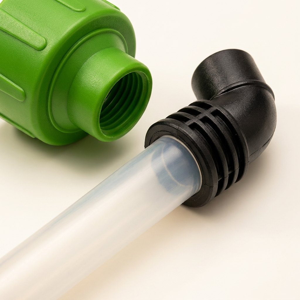 Close-up detail of the AC drain line cleaner adapter connector and threaded base