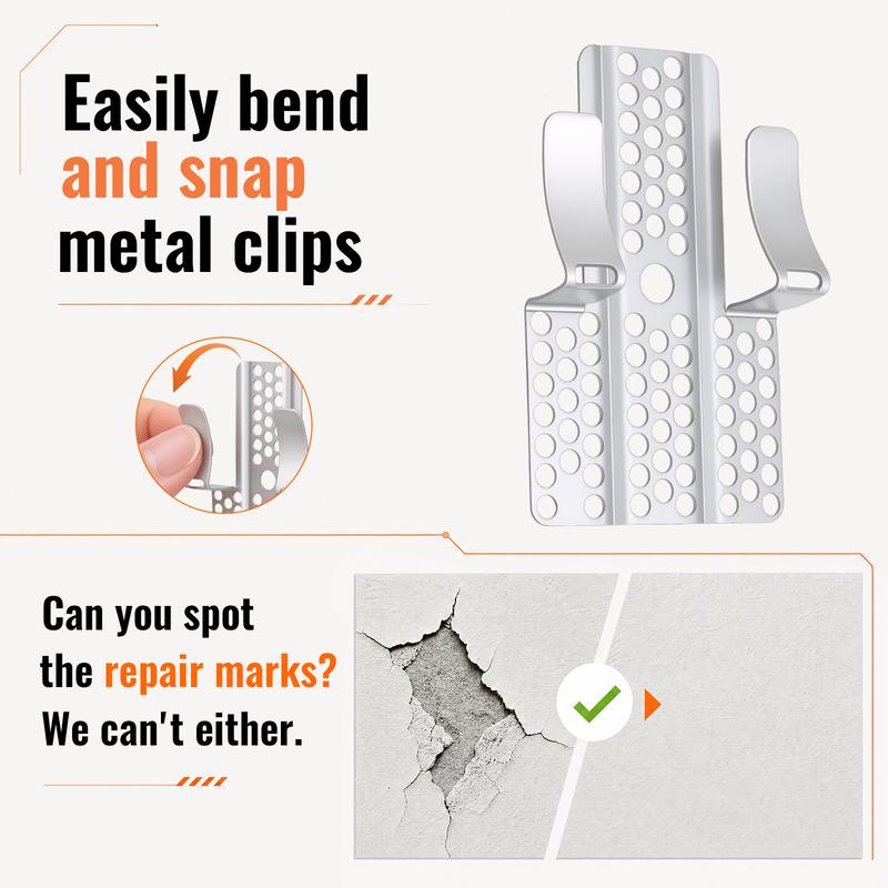 Drywall repair clips and screws arranged beside a repair area