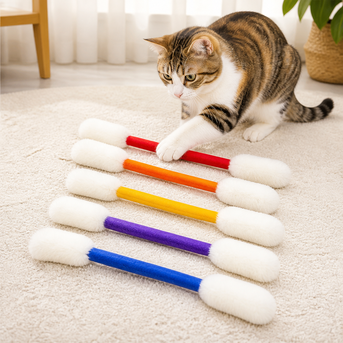Six colorful oversized cotton-swab-shaped cat toys shown together