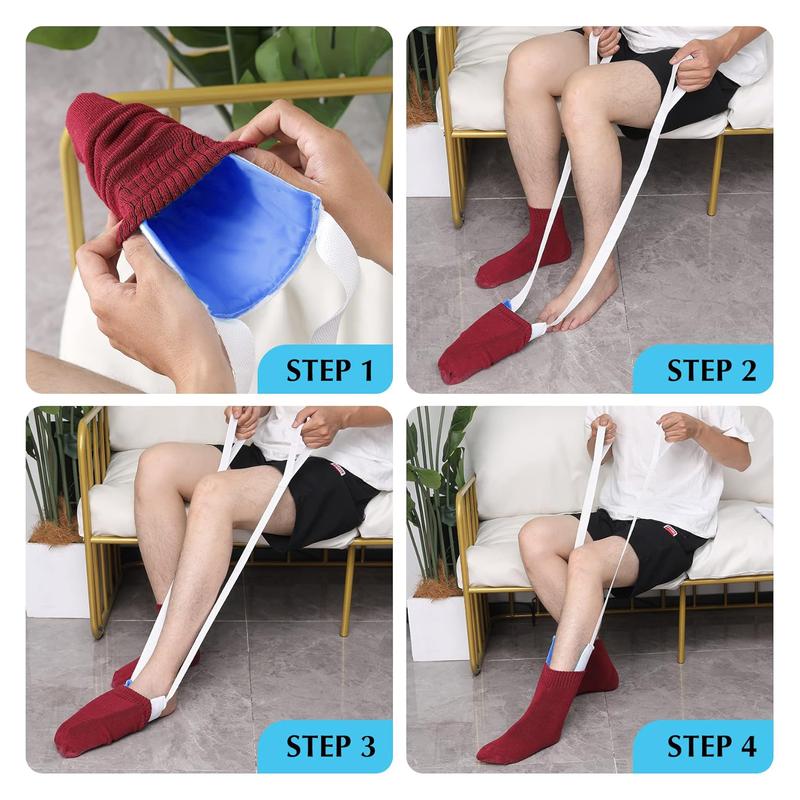 Blue sock puller with white straps beside the matching T-handle sock remover