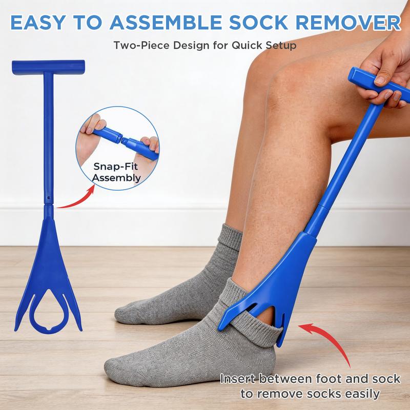 The sock aid straps being held while a sock is positioned on the foot