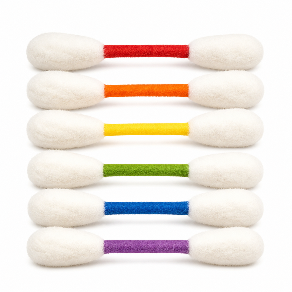 Six colorful oversized cotton-swab-shaped cat toys arranged on a clean neutral background