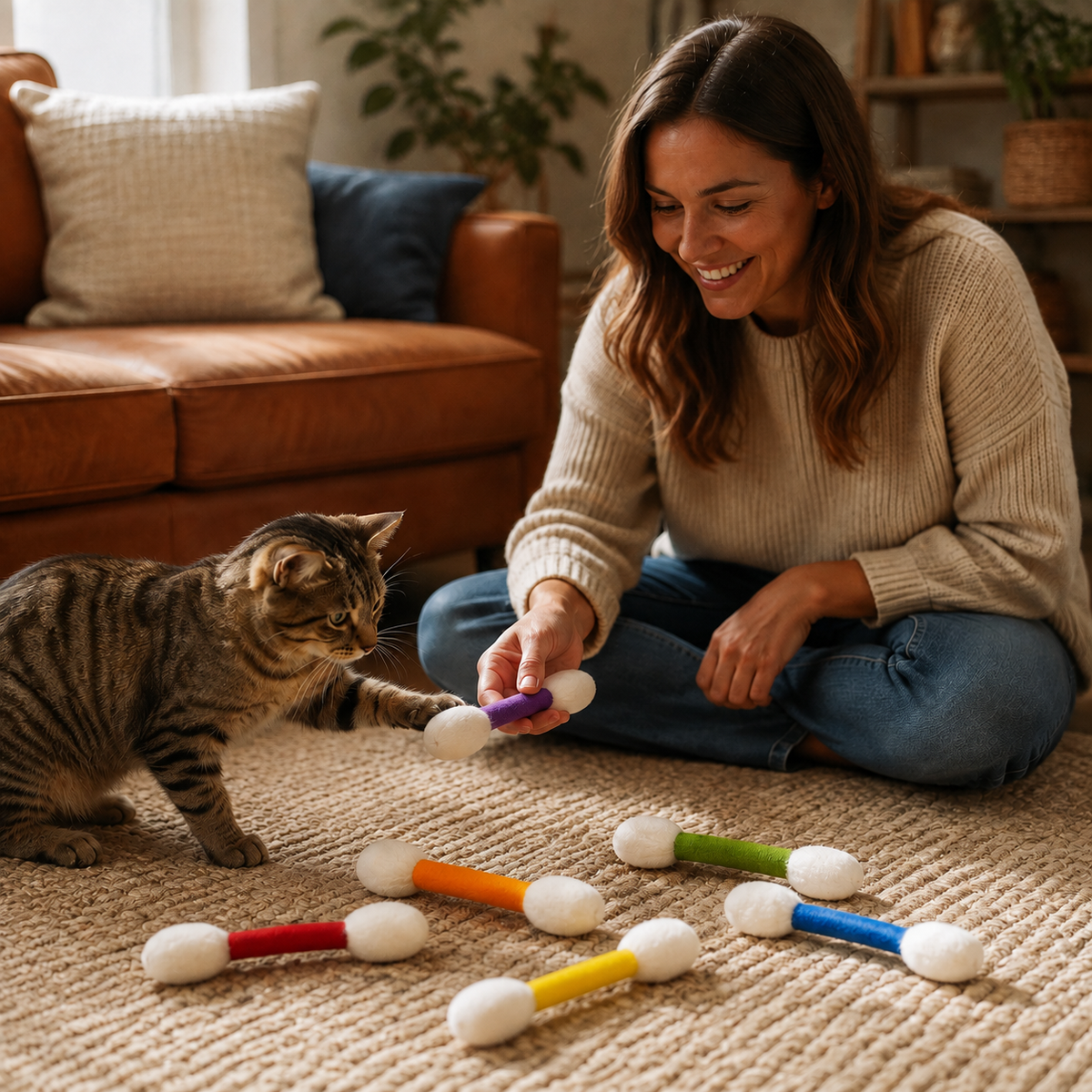 Cat owner sharing indoor play time with a cat and the colorful toy set