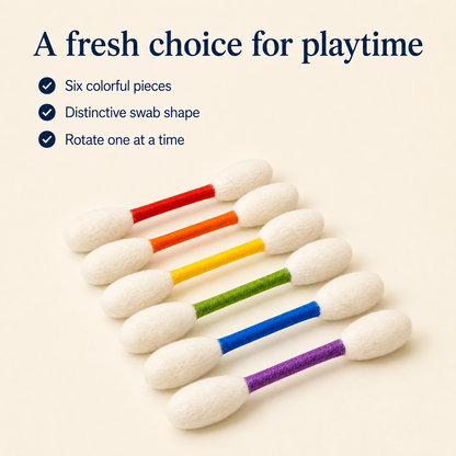 Feature panel showing the six colorful oversized cotton-swab-shaped cat toys