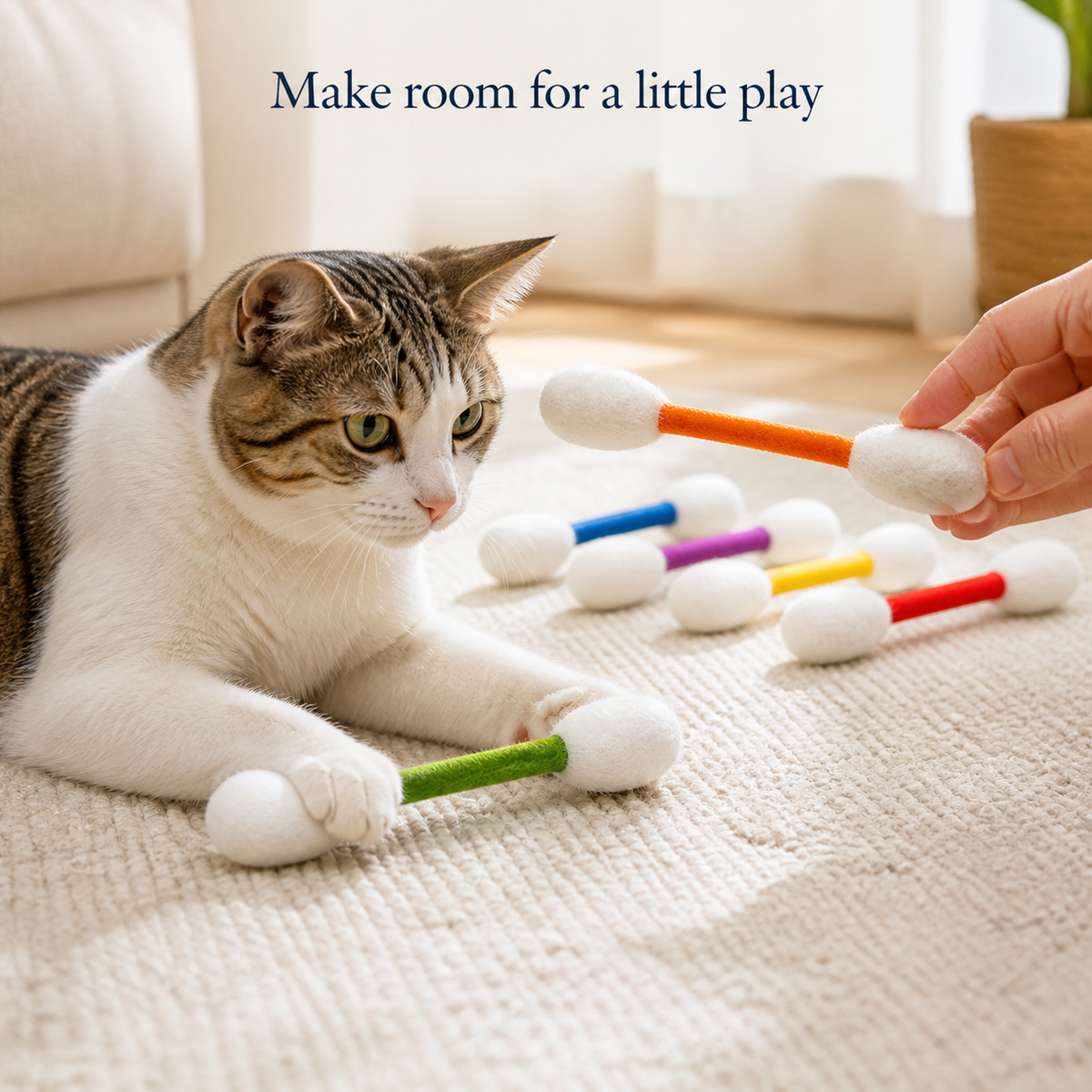 Cat playing near the colorful six-piece toy set in a home setting